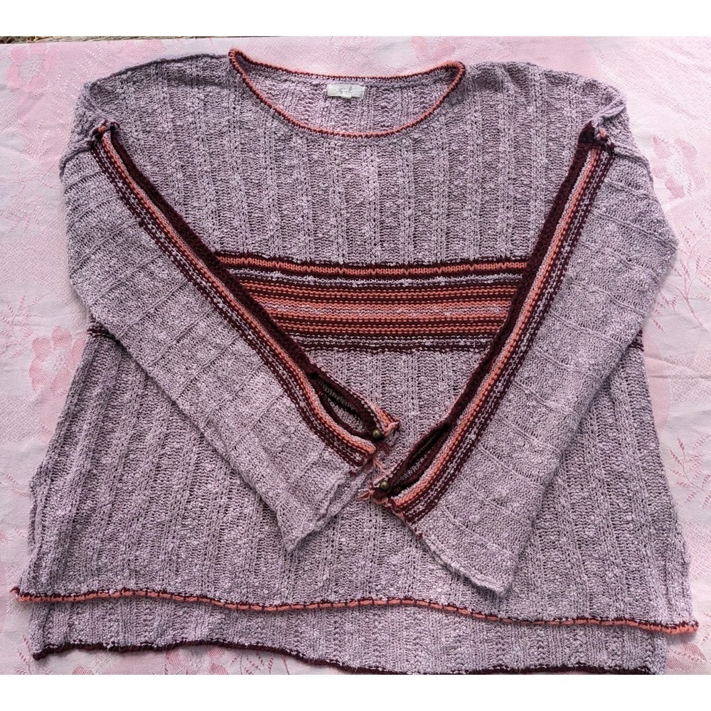 Sheer Lavender Striped Pullover Sweater Large Keyhole Sleeve Exposed Seam Pastel